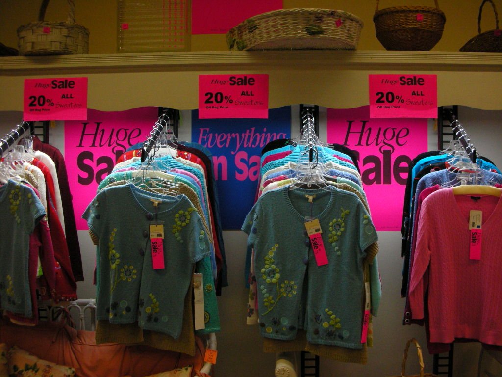 Merchandise and sale signage during a real retail event